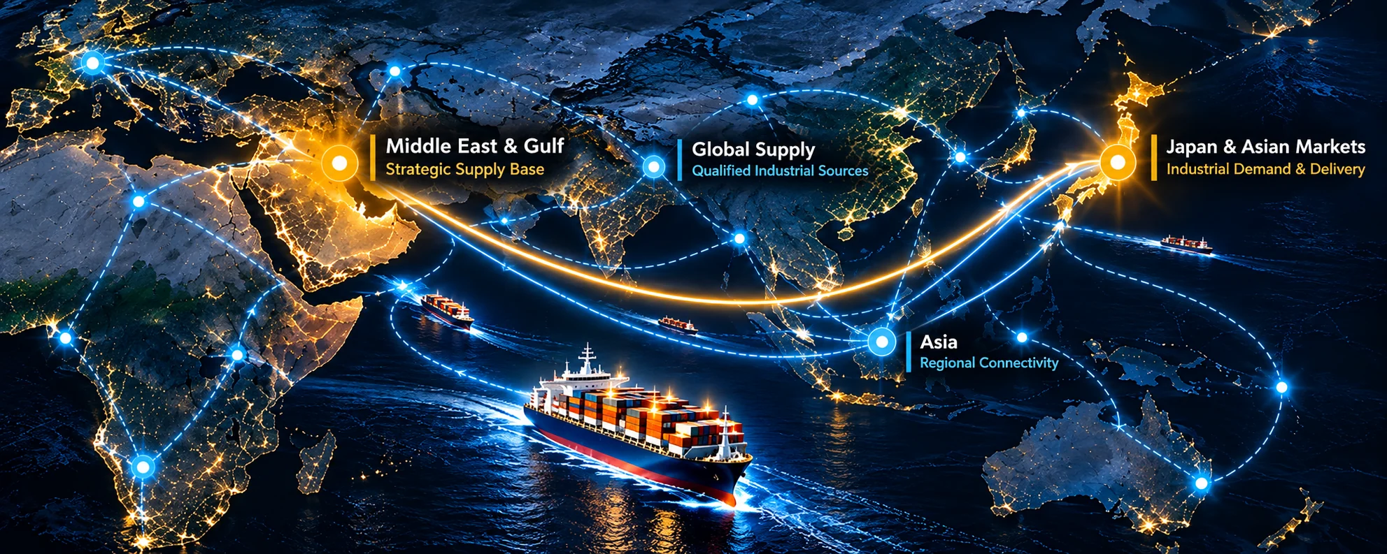 Illustrative global industrial supply and delivery network connecting the Gulf, Japan and Asian markets.